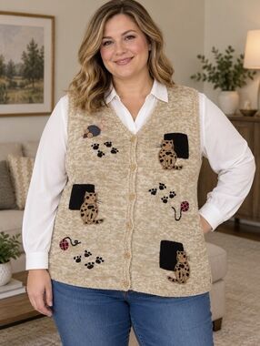 Christopher & Banks Embroidered Cat Sweater Vest XL